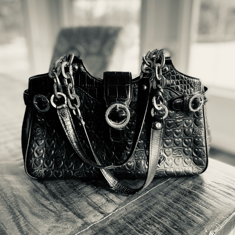 Brighton black leather purse with exterior heart pattern+silver chain handles